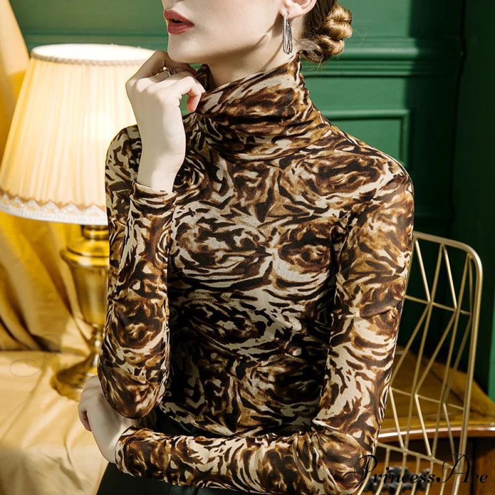 High-neck Leopard Print Mesh T-shirt