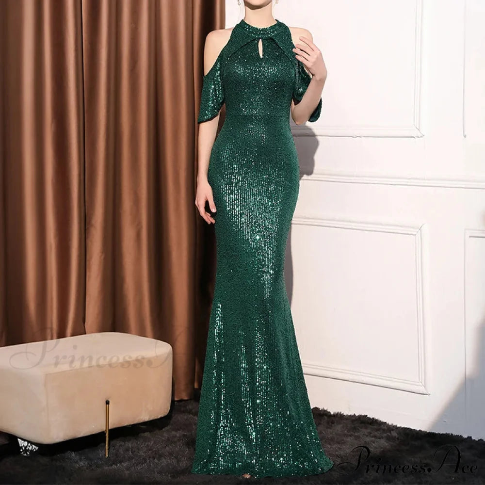 High Neck Mermaid Sequin Party Dress dark green / s