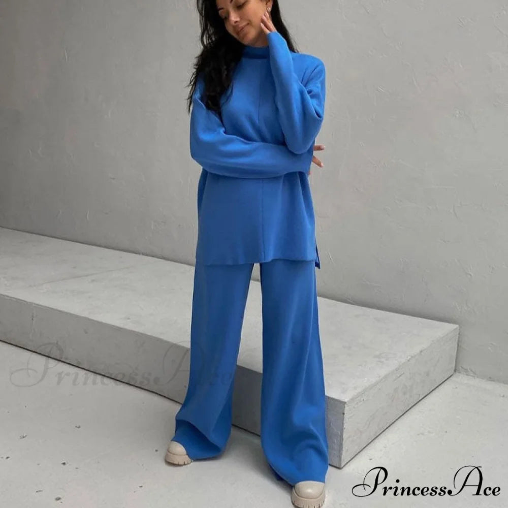High Neck Rib Knit Pullover Sweater Sophisticated Wide Leg Pants Matching Set - Black M / Blue