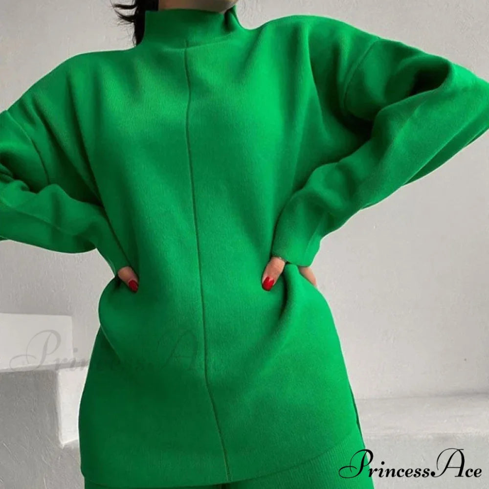 High Neck Rib Knit Pullover Sweater Sophisticated Wide Leg Pants Matching Set - Blue L / Green