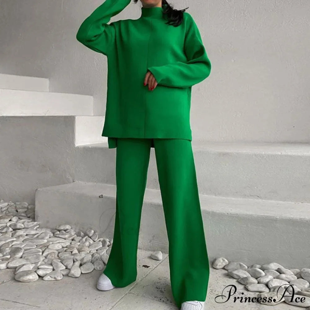 High Neck Rib Knit Pullover Sweater Sophisticated Wide Leg Pants Matching Set - Blue M / Green