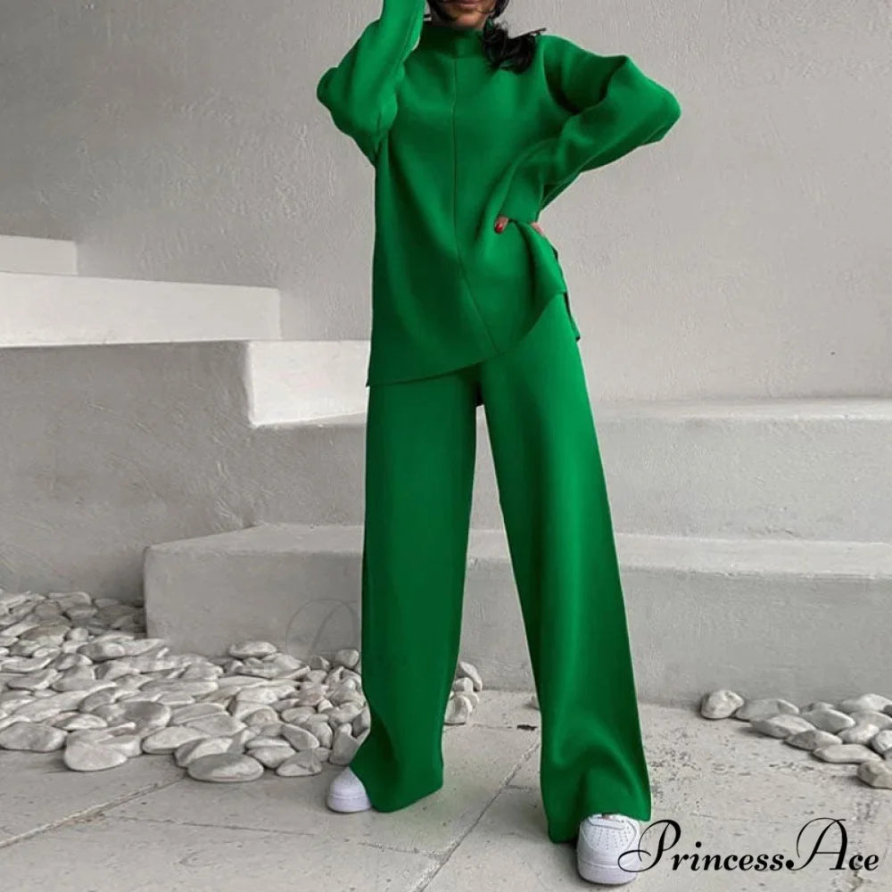 High Neck Rib Knit Pullover Sweater Sophisticated Wide Leg Pants Matching Set - Blue S / Green