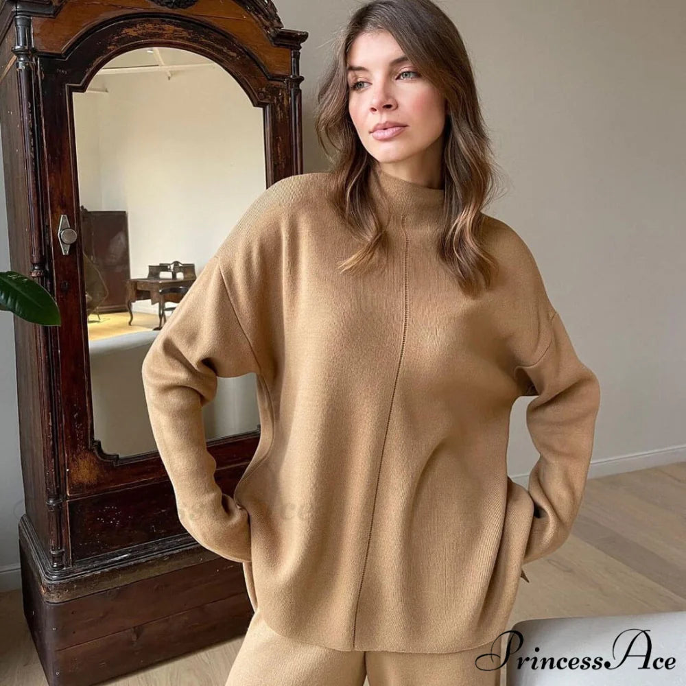 High Neck Rib Knit Pullover Sweater Sophisticated Wide Leg Pants Matching Set - Green M / Khaki