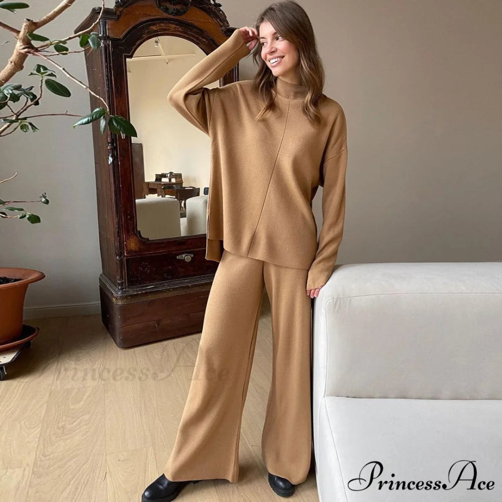 High Neck Rib Knit Pullover Sweater Sophisticated Wide Leg Pants Matching Set - Green S / Khaki