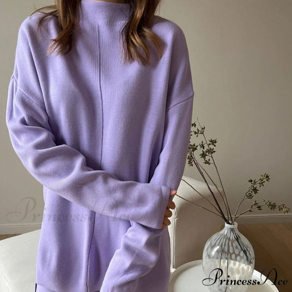 High Neck Rib Knit Pullover Sweater Sophisticated Wide Leg Pants Matching Set - Khaki L / Purple