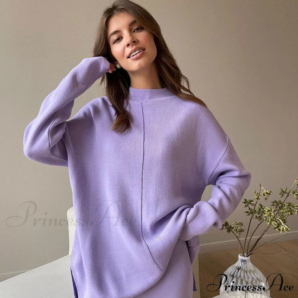 High Neck Rib Knit Pullover Sweater Sophisticated Wide Leg Pants Matching Set - Khaki M / Purple