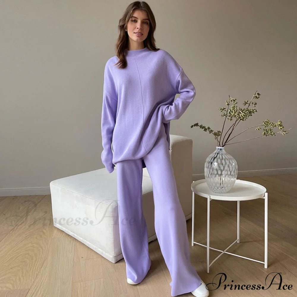 High Neck Rib Knit Pullover Sweater Sophisticated Wide Leg Pants Matching Set - Khaki S / Purple