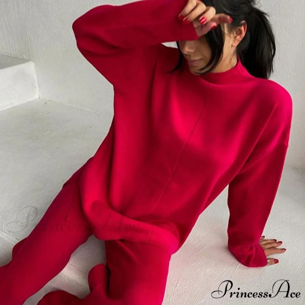 High Neck Rib Knit Pullover Sweater Sophisticated Wide Leg Pants Matching Set - Purple L / Red