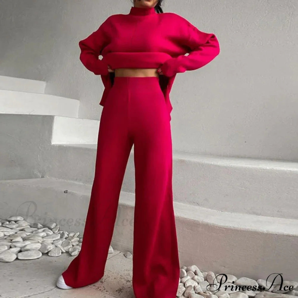 High Neck Rib Knit Pullover Sweater Sophisticated Wide Leg Pants Matching Set - Purple M / Red
