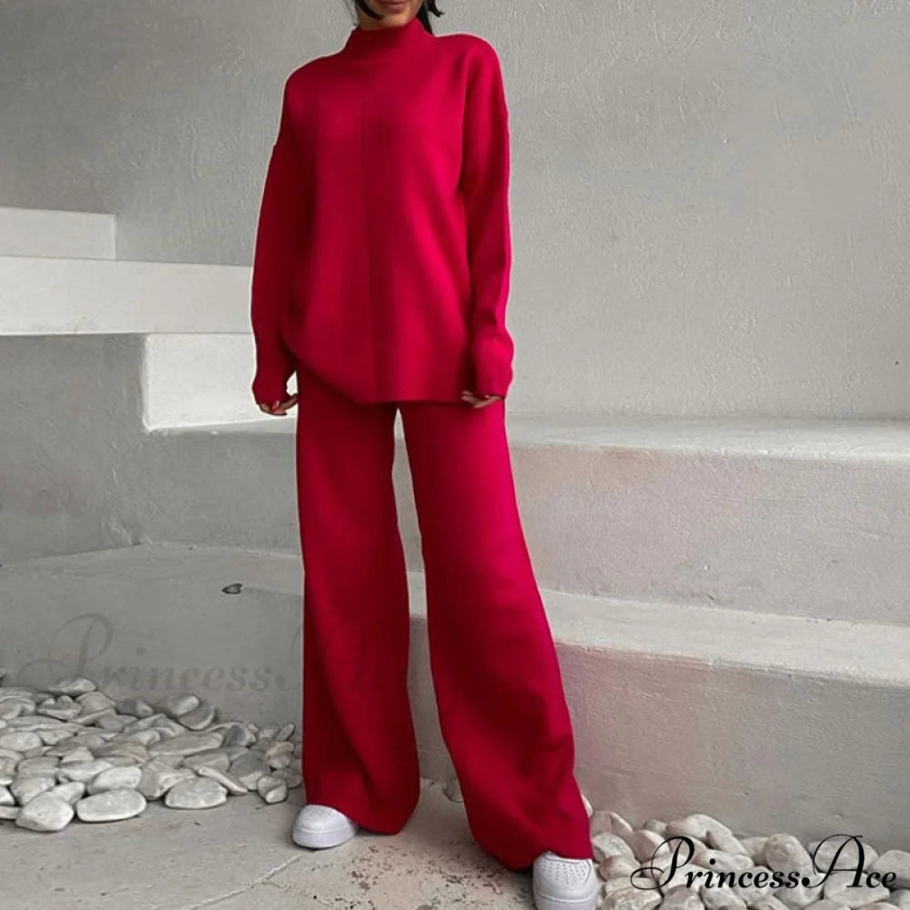 High Neck Rib Knit Pullover Sweater Sophisticated Wide Leg Pants Matching Set - Purple S / Red