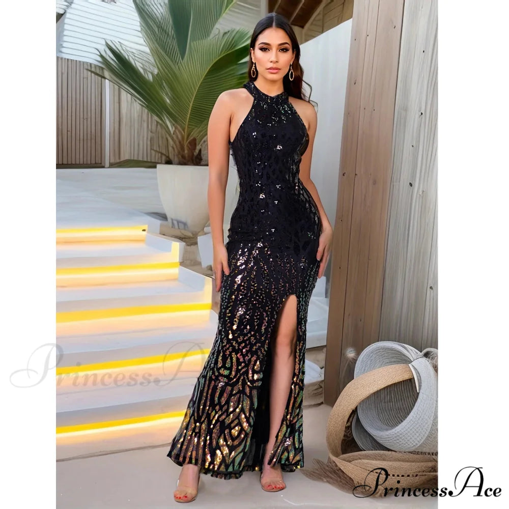 High Neck Sequin Front Slit Party Dress Black / S