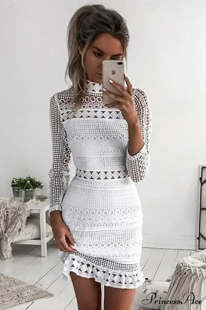 High Neck Short Charming Tight White Lace Dress