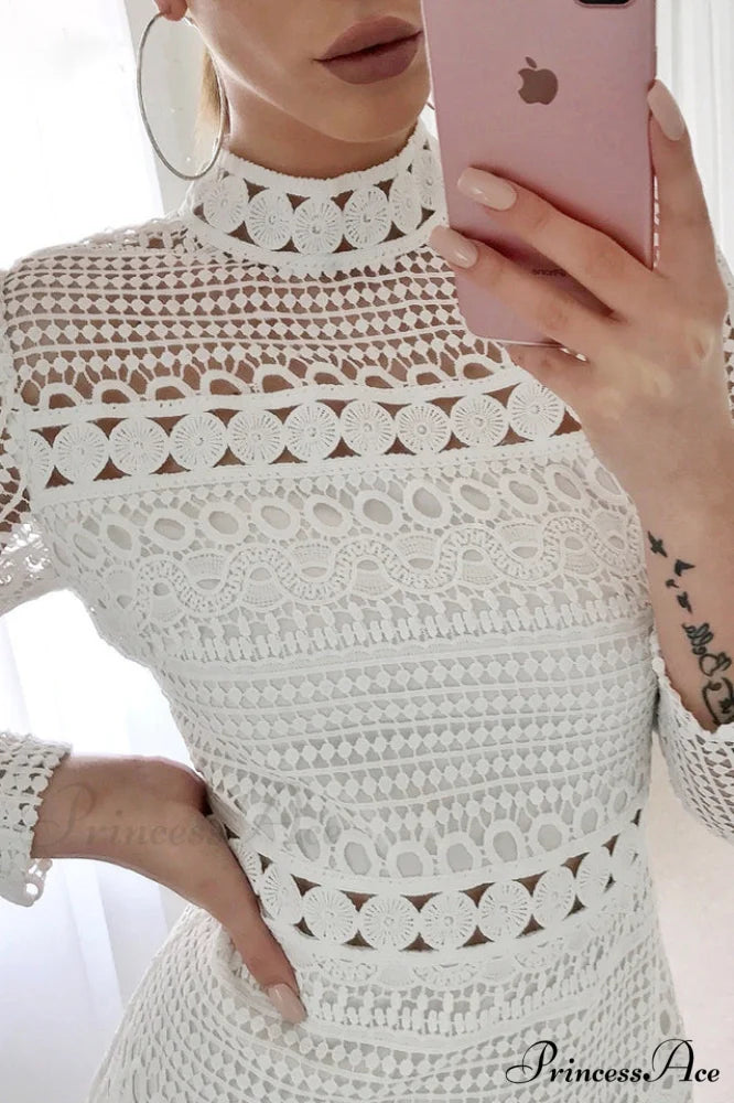 High Neck Short Charming Tight White Lace Dress