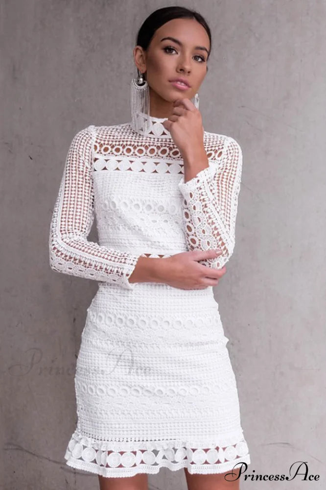 High Neck Short Charming Tight White Lace Dress S / White