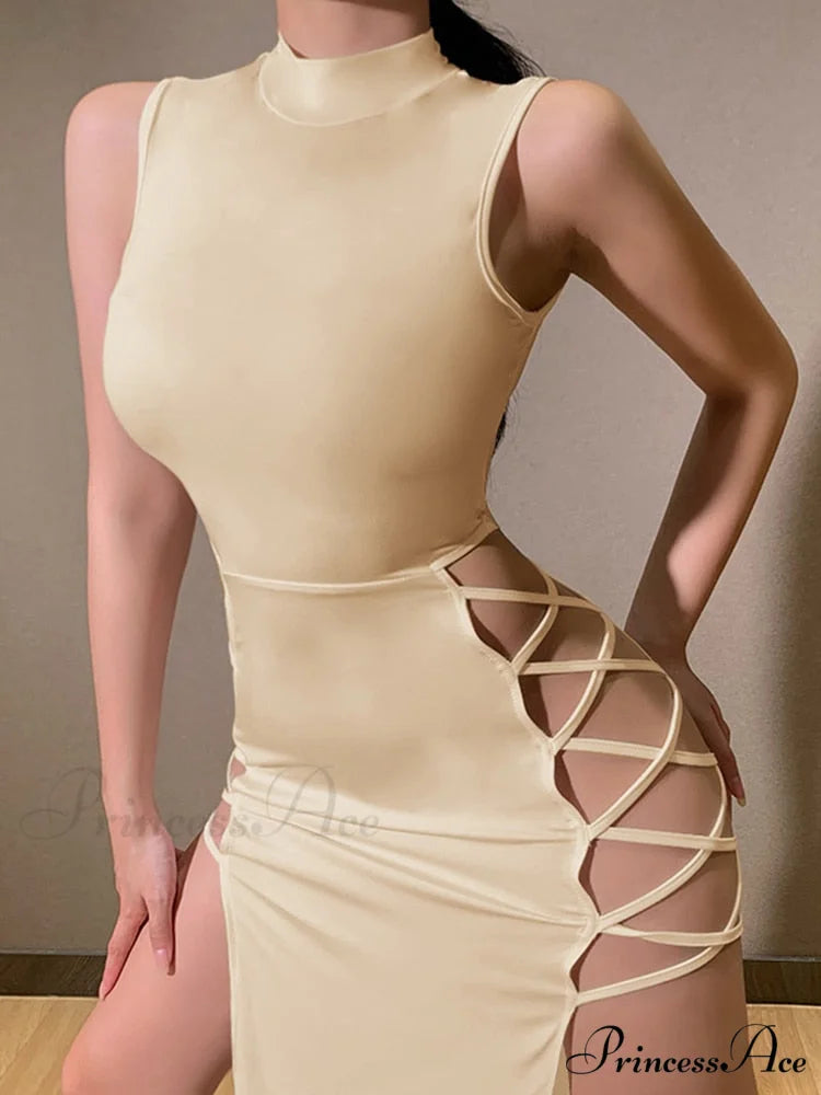 High Neck Sleeveless Charming Side Tie-Up Midi Dress apricot / S