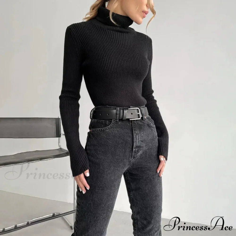 High-neck Slender Pullover Extended Sleeve Sweater Black / M swraters-241228