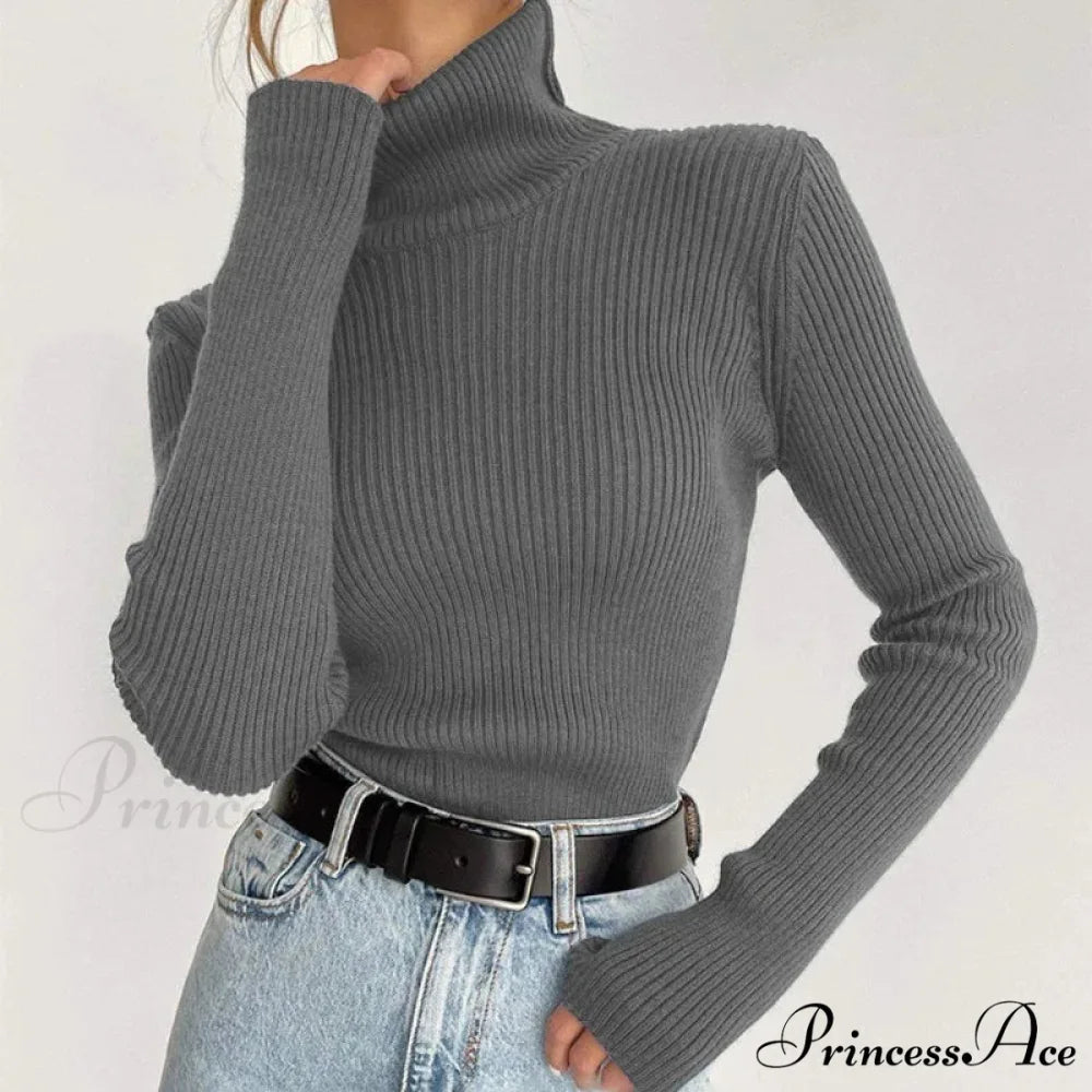 High-neck Slender Pullover Extended Sleeve Sweater GRAY / M swraters-241228