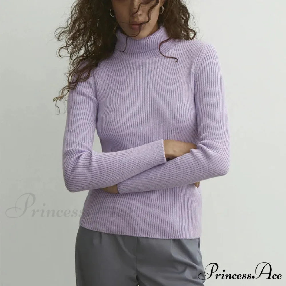 High-neck Slender Pullover Extended Sleeve Sweater PURPLE / M swraters-241228
