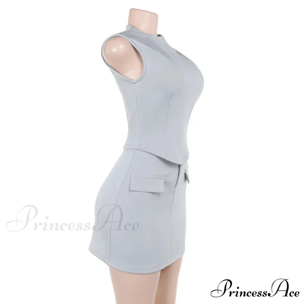 High Neck Solid Top Graceful And Bodycon Mini Skirt Set