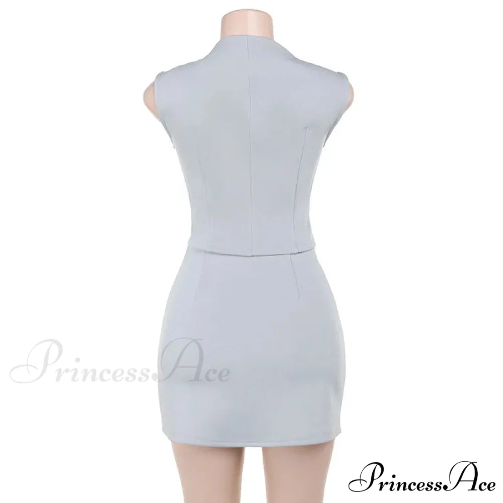 High Neck Solid Top Graceful And Bodycon Mini Skirt Set