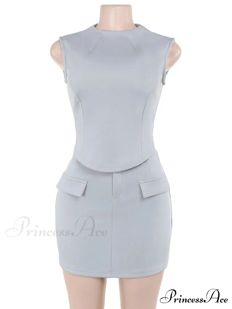 High Neck Solid Top Graceful And Bodycon Mini Skirt Set