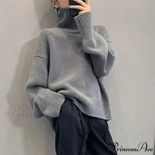 High-neck Sophisticated Charcoal Crimson Jumper gery / onesize swraters-241228