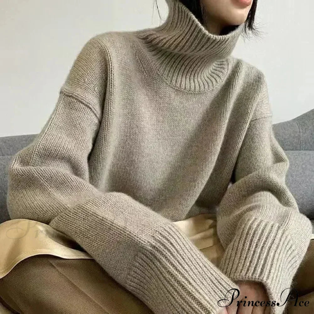 High-neck Sophisticated Charcoal Crimson Jumper khaki / onesize swraters-241228