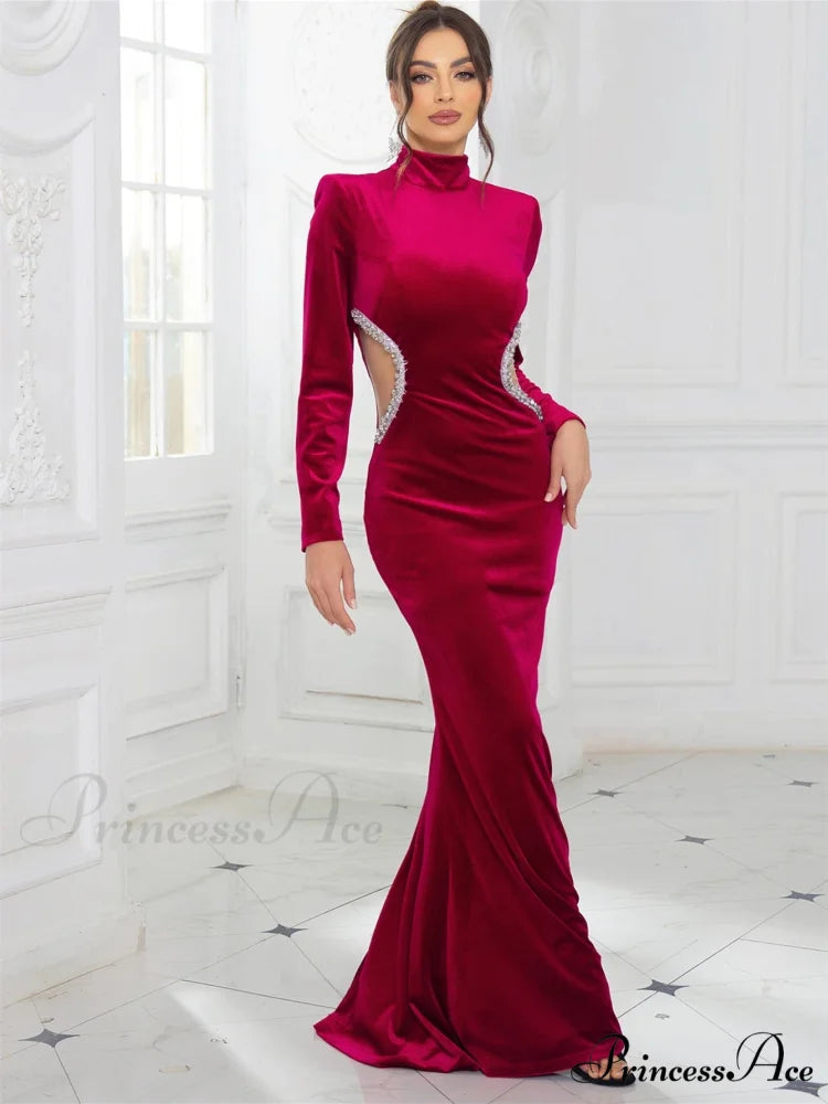 High Neck Velvet Rhinestone Maxi Party Dress Burgundy / S