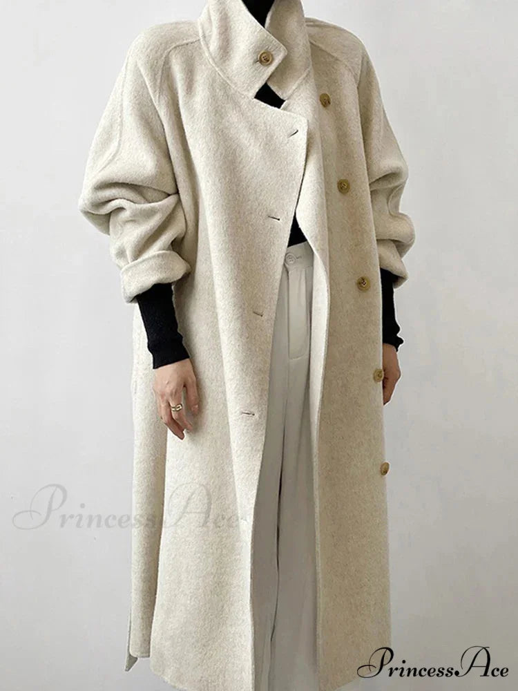 High-neck Wool Buttoned Overcoat beige / S overcoats-241228