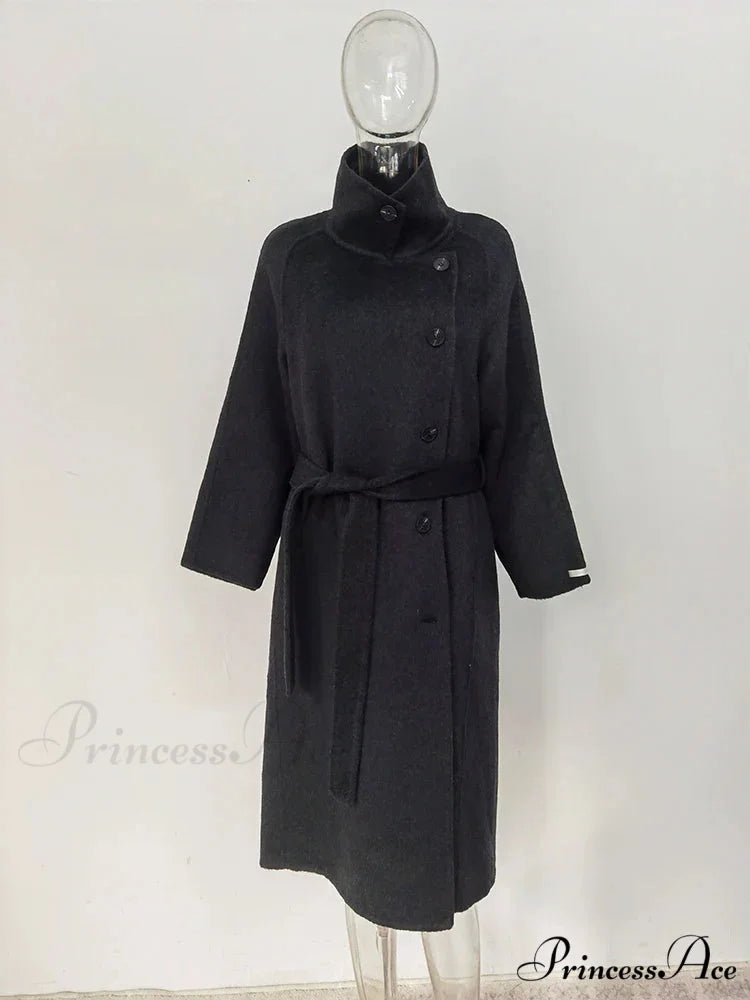 High-neck Wool Buttoned Overcoat Black / S overcoats-241228