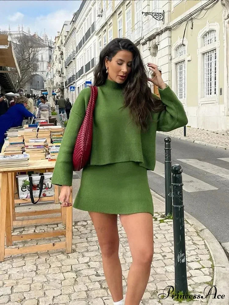 High-necked Extended Sleeve Skirt Pullover green Skirt / S swraters-241228