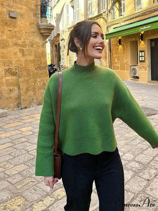 High-necked Extended Sleeve Skirt Pullover green Sweater / S swraters-241228
