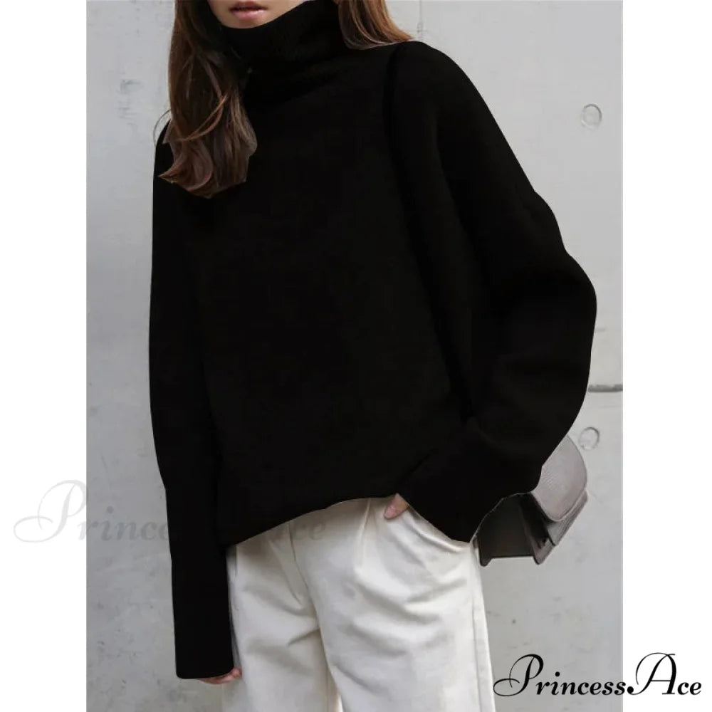 High-necked Wool Enlarged Jumper Black / S swraters-241228