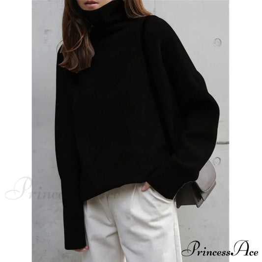 High-necked Wool Enlarged Jumper Black / S swraters-241228
