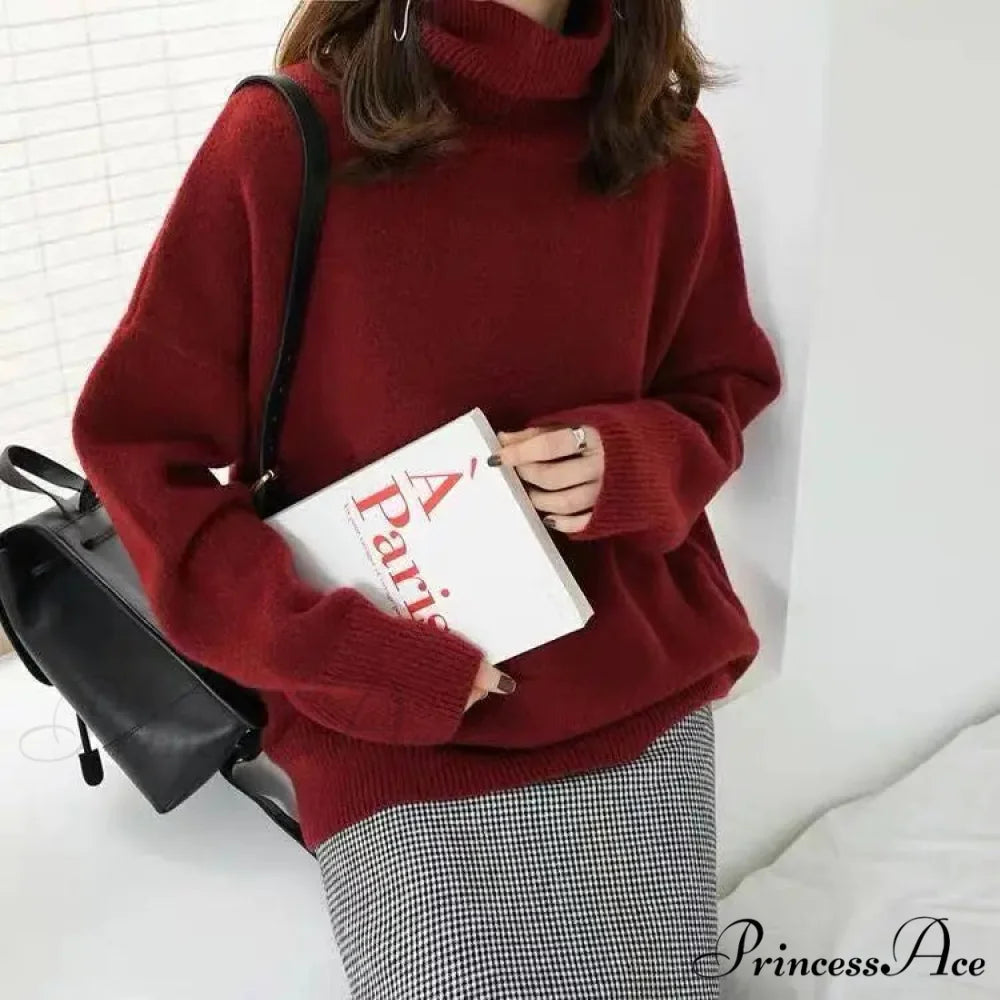 High-necked Wool Enlarged Jumper wine red / S swraters-241228