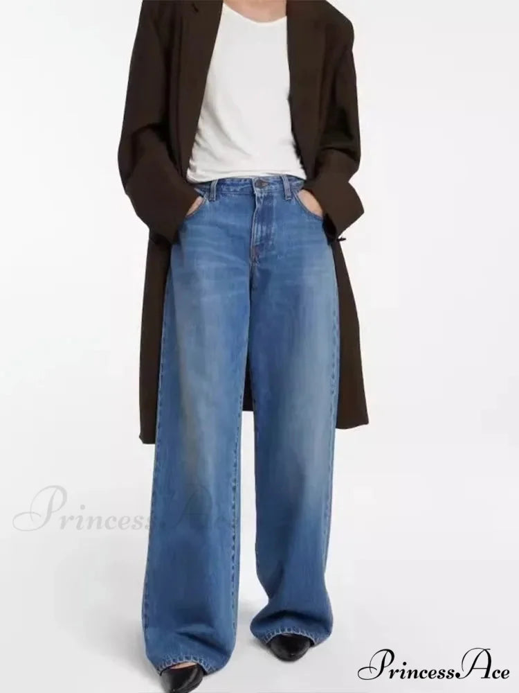 High Quality Autumn New Floor-length Denim High-waisted Minimalist Style Loose Wide-leg Jean Blue / 24