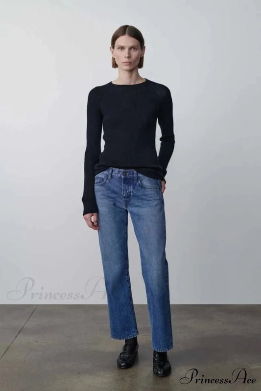 High Quality Fashion Retro Lady Straight-leg Spring and Autumn Simple Casual High Waist Denim Jean Blue / S