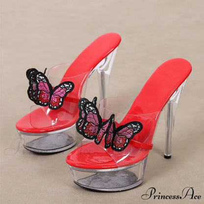 High-Quality Handworked Embroidered Butterfly Modern Transparent Platform Sexy Stripper Stylish High Heel Red / 35