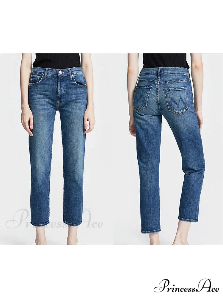 High Quality MO Zipper Women’s Straight High Waist Fashion Female Ankle-length Denim 2024 Fall Winter Jean Dark Blue