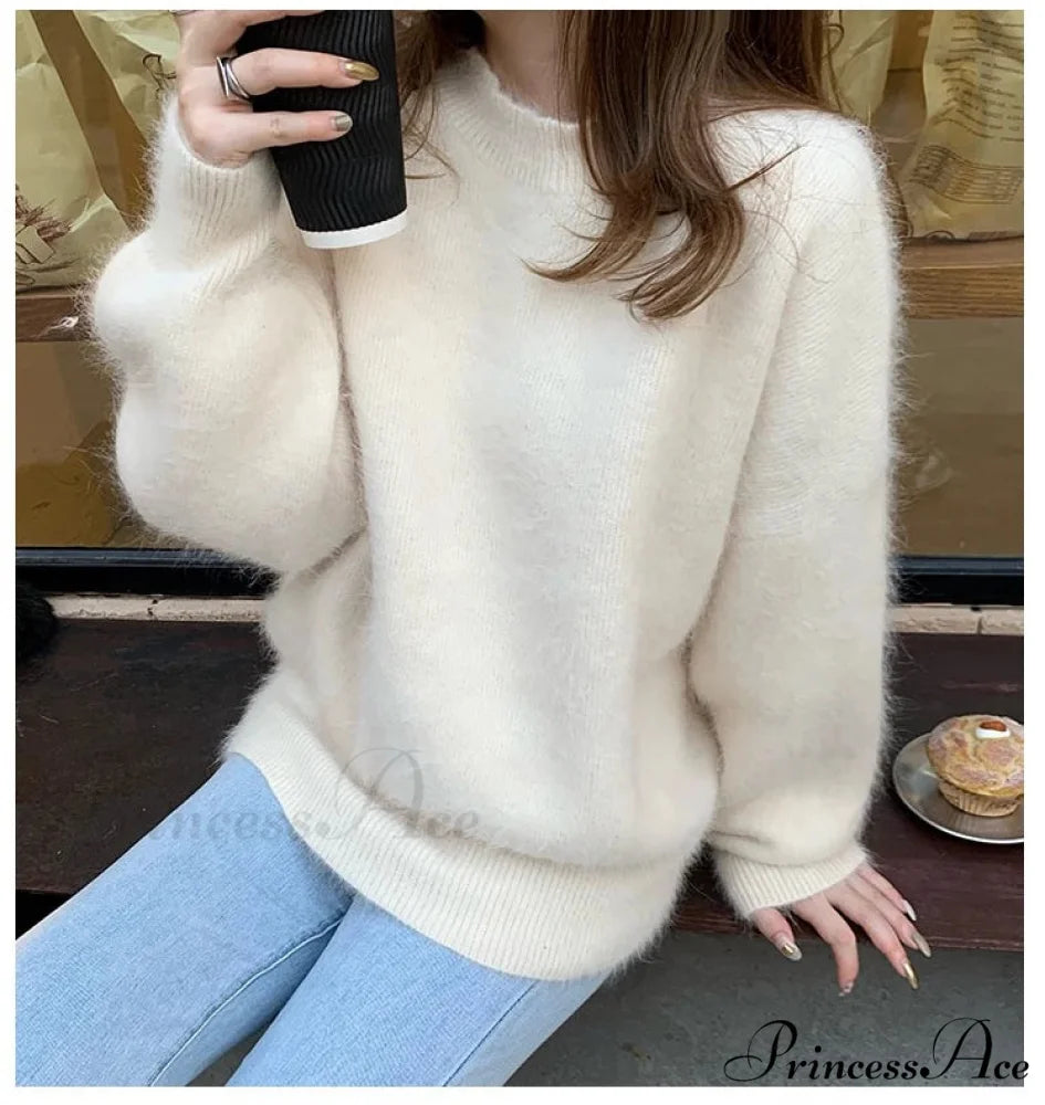 High Quality Mohair Knitted Thick Warm Red Loose New Year Christmas Sweater Beige / One Size