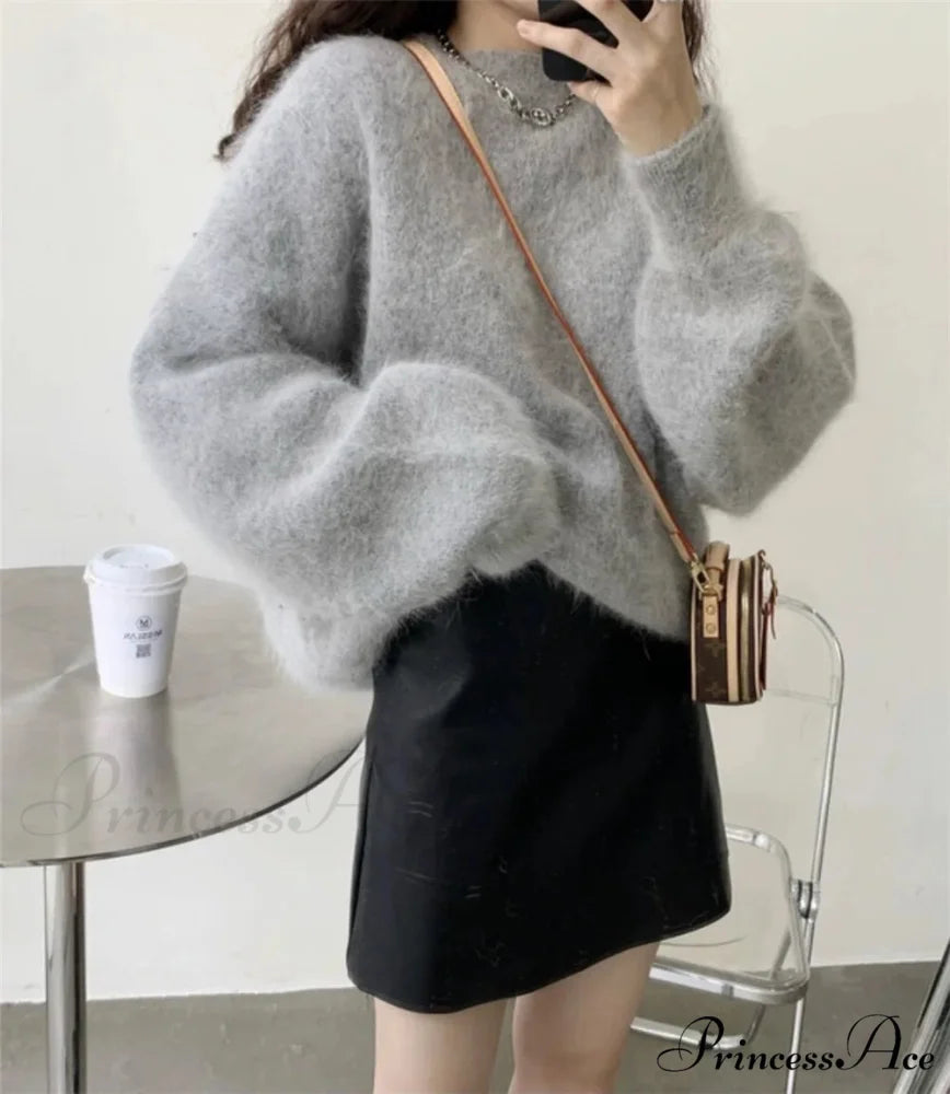 High Quality Mohair Knitted Thick Warm Red Loose New Year Christmas Sweater GRAY / One Size