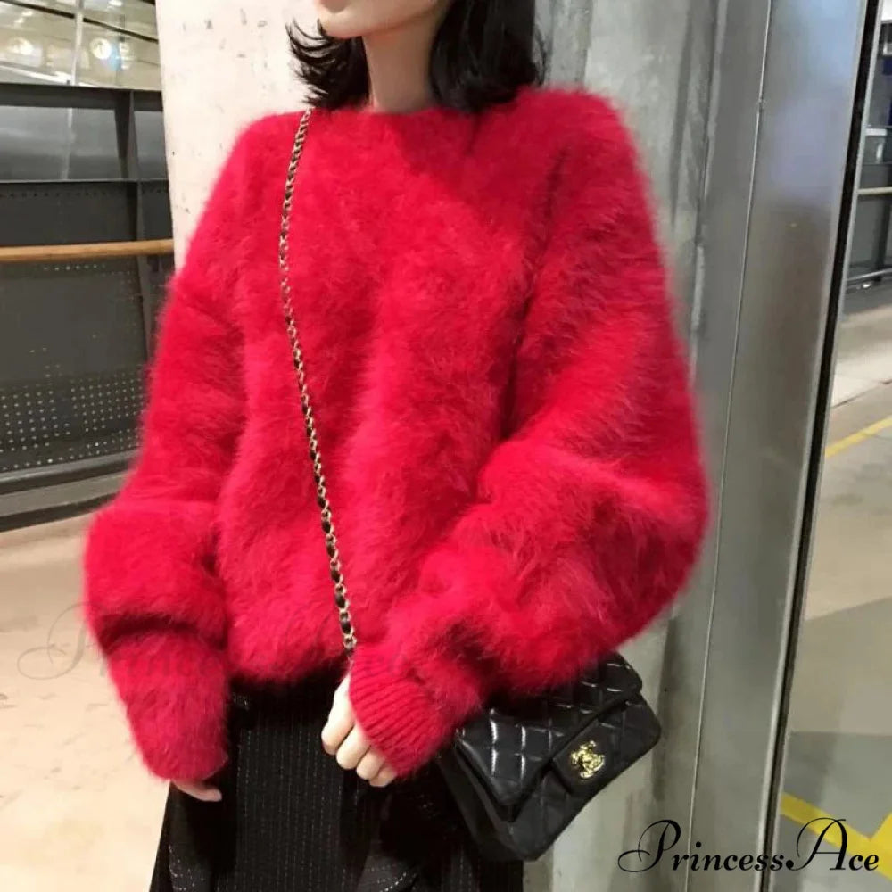 High Quality Mohair Knitted Thick Warm Red Loose New Year Christmas Sweater Red / One Size