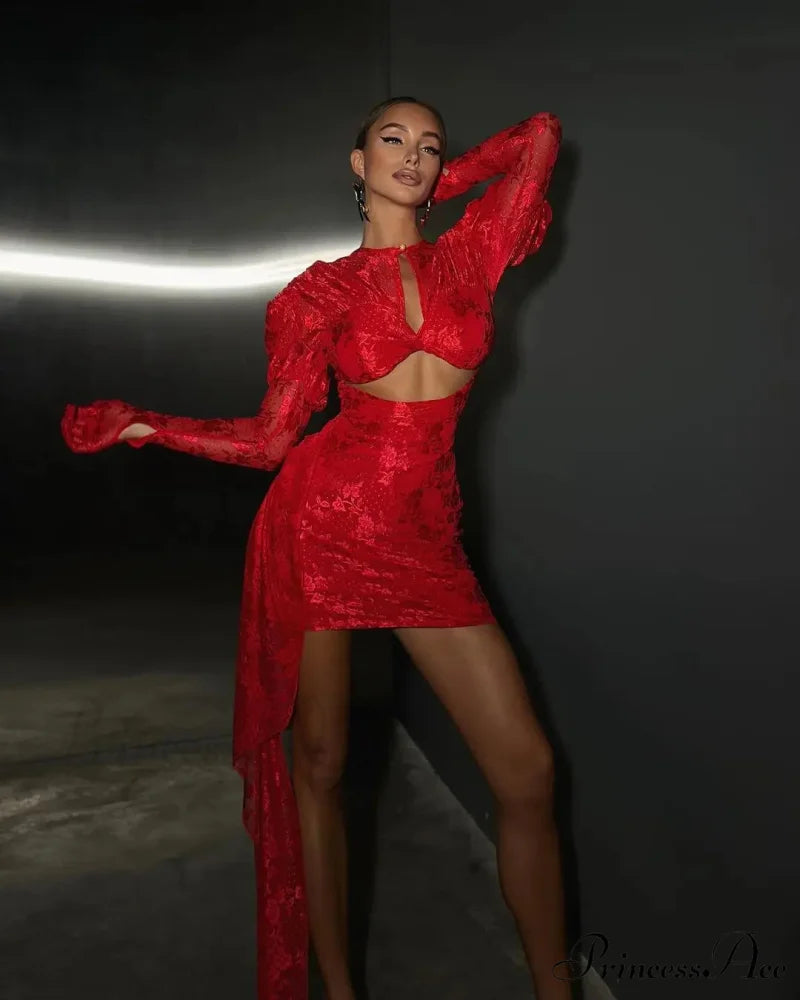 High Quality Sexy Lace Elegant Bodycon Mini Christmas Party Dress Red / XS