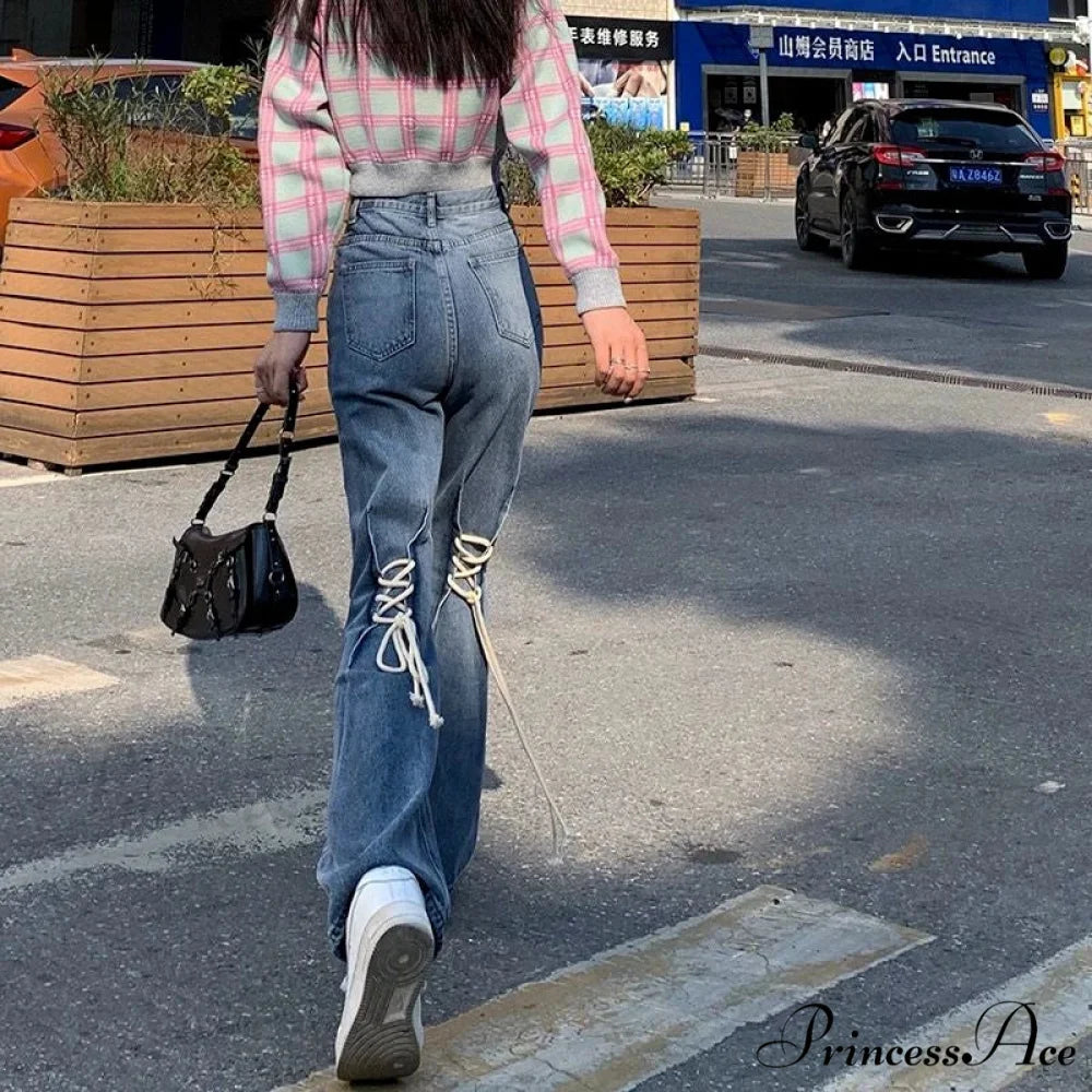 High Quality Vintage Blue Wide-Leg Straight Fashion Jean Blue / S