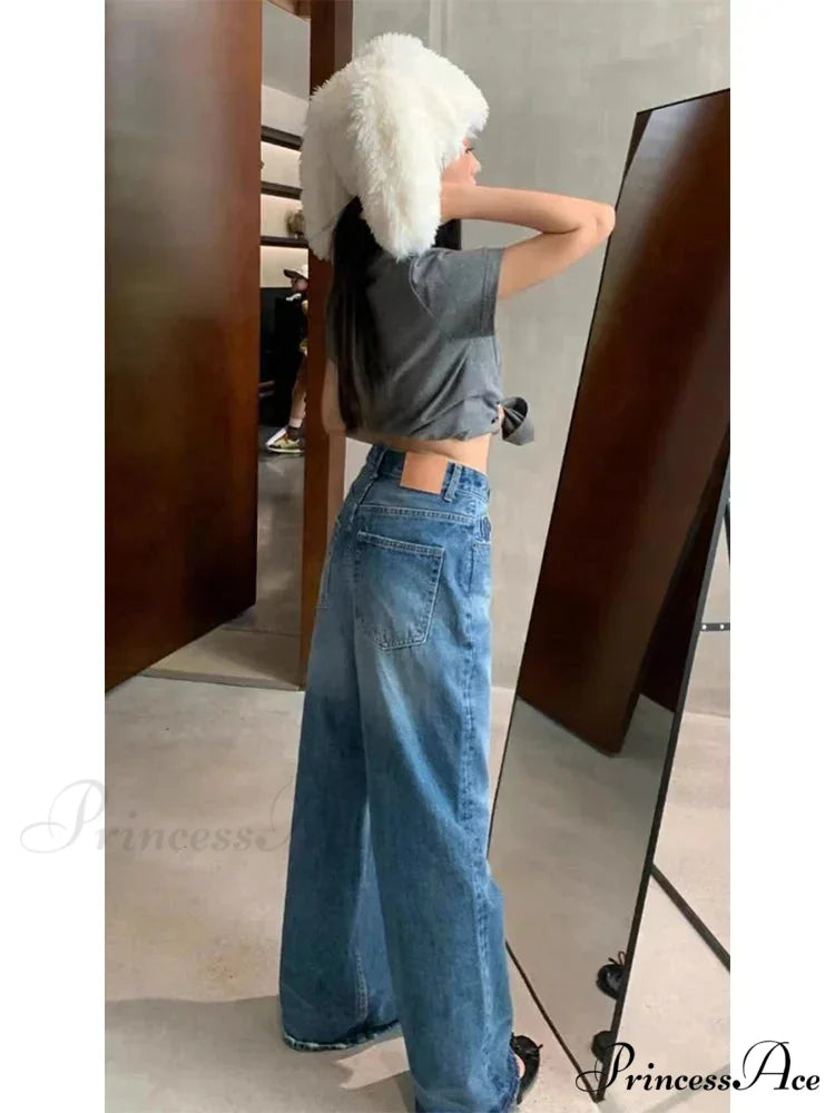 High Quality High-Waisted Vintage Denim Women’s Frayed Versatile Blue Straight Wide-Leg Ladies 2024 Autumn Jean
