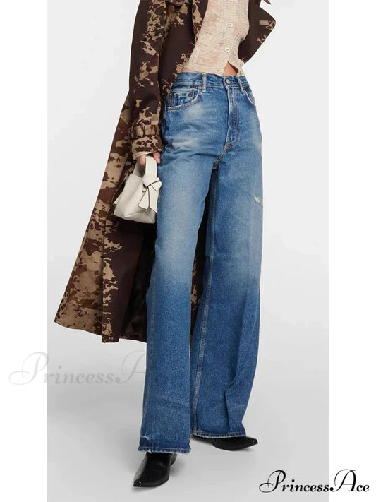 High Quality High-Waisted Vintage Denim Women’s Frayed Versatile Blue Straight Wide-Leg Ladies 2024 Autumn Jean Royal