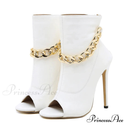 High-Quality White Leather Basic Boots Ankle Sandals Metal-Chain Thin-Heels Peep-Toe Zip Pumps High Heel White / 35