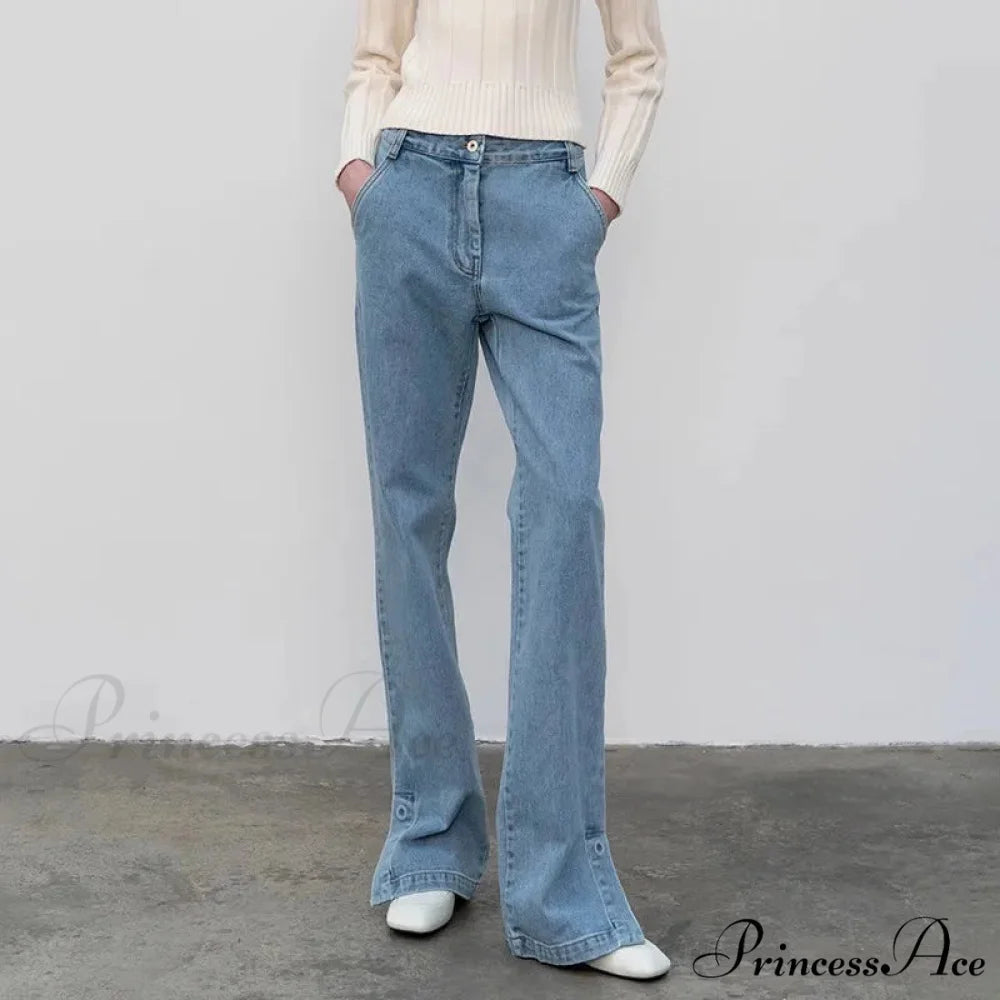 High Quality Women Spring and Autumn All-match Side Slit Straight High Waist Bootcut Jean Blue / XS