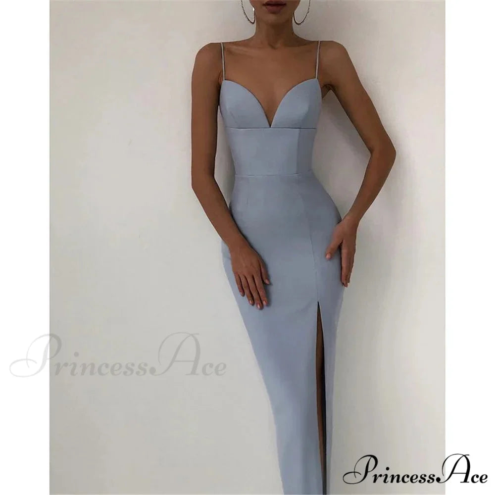High Slit Bodycon Maxi Dress Light Blue / S