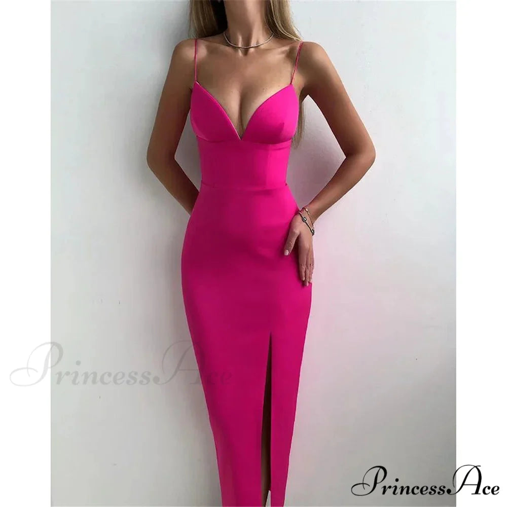 High Slit Bodycon Maxi Dress Rose Red / S